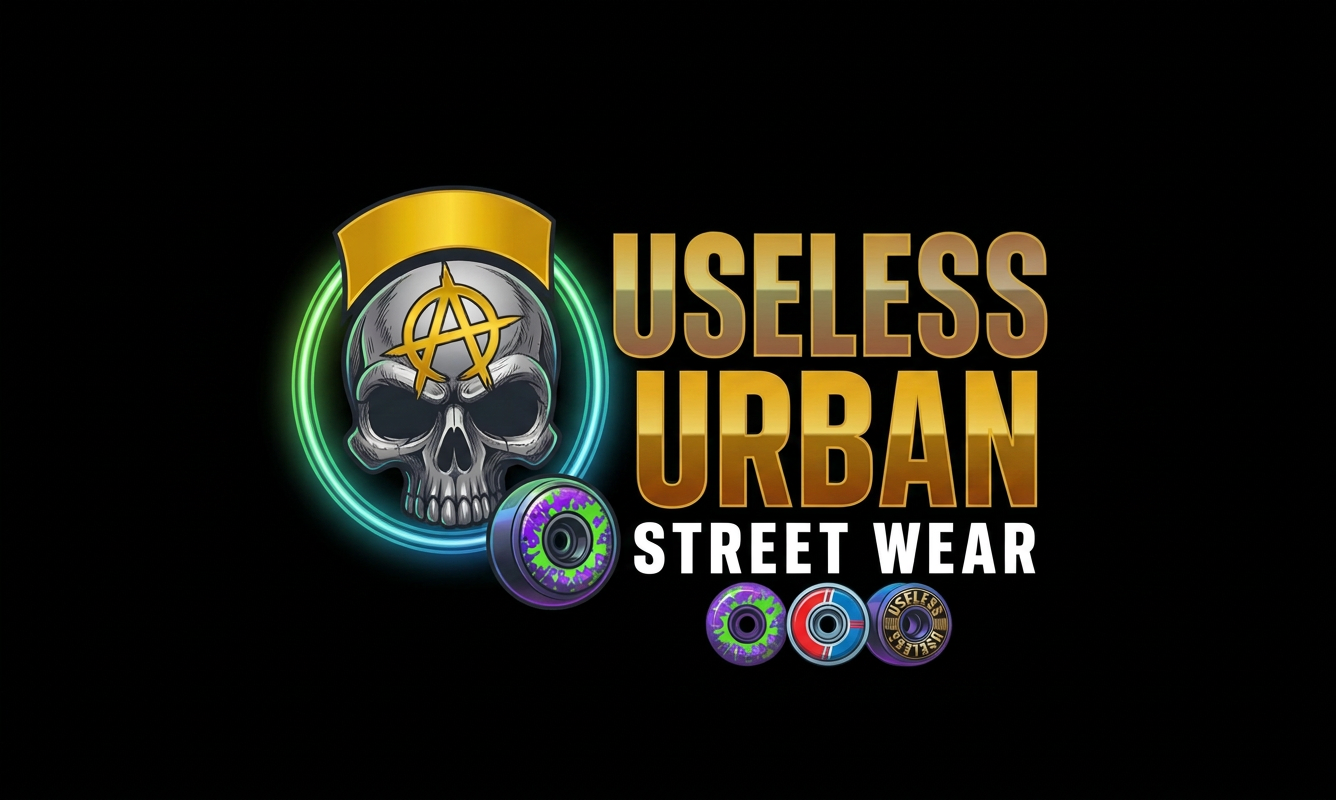 Useless Urban Street Wear Graphic Graphic with a skull wearing a gold cap, a stylized anarchy symbol on the forehead, and the text "USELESS URBAN STREET WEAR" with colorful wheel illustrations